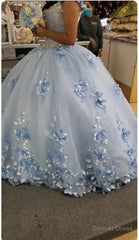 Sky Blue Long Dress 3D Applique Off Shoulder Ball Gown Quinceanera Dresses