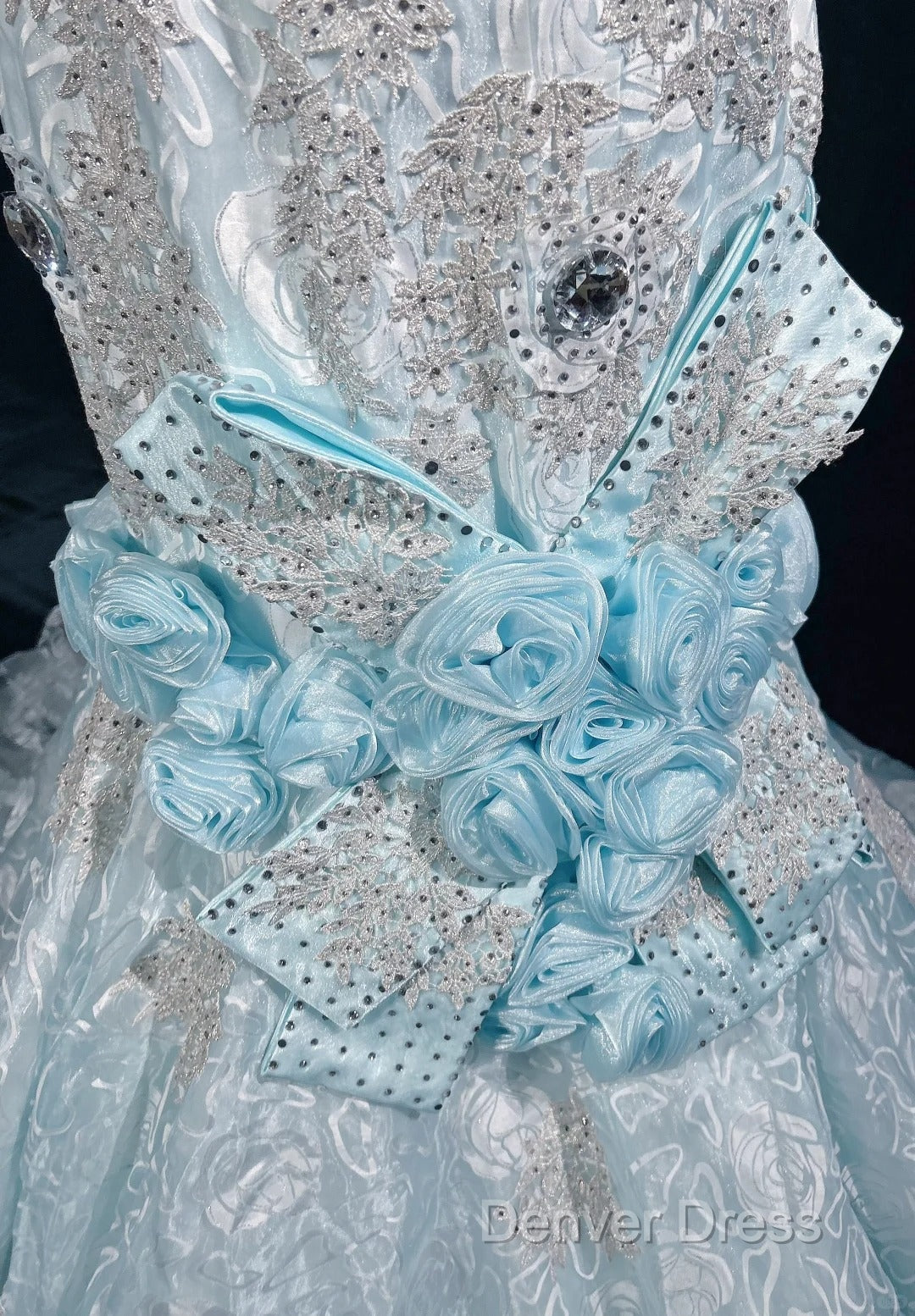 Sky Blue Mermaid Spaghetti Straps Organza Diamond Long Prom Dresses Lace Floral Evening Gown