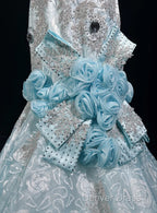 Sky Blue Mermaid Spaghetti Straps Organza Diamond Long Prom Dresses Lace Floral Evening Gown