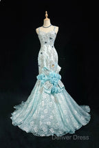Sky Blue Mermaid Spaghetti Straps Organza Diamond Long Prom Dresses Lace Floral Evening Gown