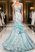 Sky Blue Mermaid Spaghetti Straps Organza Diamond Long Prom Dresses Lace Floral Evening Gown