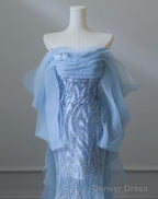 Sky Blue Mermaid Strapless Tulle Beaded Long Prom Dress Elegant Wedding Dresses