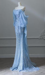 Sky Blue Mermaid Strapless Tulle Beaded Long Prom Dress Elegant Wedding Dresses