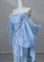 Sky Blue Mermaid Strapless Tulle Beaded Long Prom Dress Elegant Wedding Dresses
