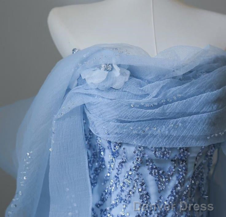 Sky Blue Mermaid Strapless Tulle Beaded Long Prom Dress Elegant Wedding Dress