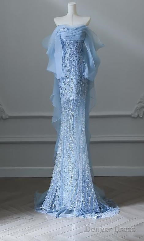 Sky Blue Mermaid Strapless Tulle Beaded Long Prom Dress Elegant Wedding Dresses Main image