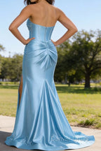 Sky Blue Mermaid Sweetheart Corset Long Prom Dresses with Slit