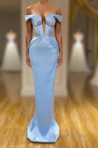 Sky Blue Mermaid V Neck Off The Shoulder Prom Dresses