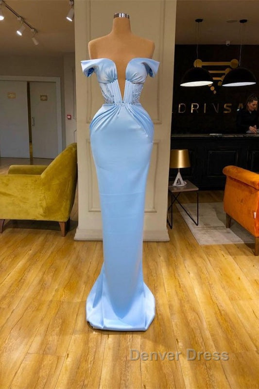 Sky Blue Mermaid V-Neck Off-The-Shoulder Prom Dresses Secondary image