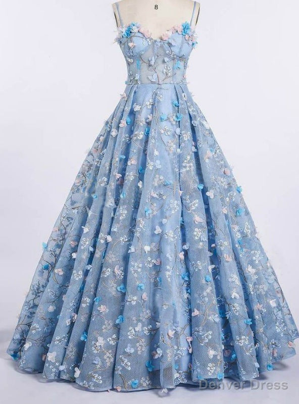 Sky Blue Princess Spaghetti Strap 3D Flower Applique Prom Sress