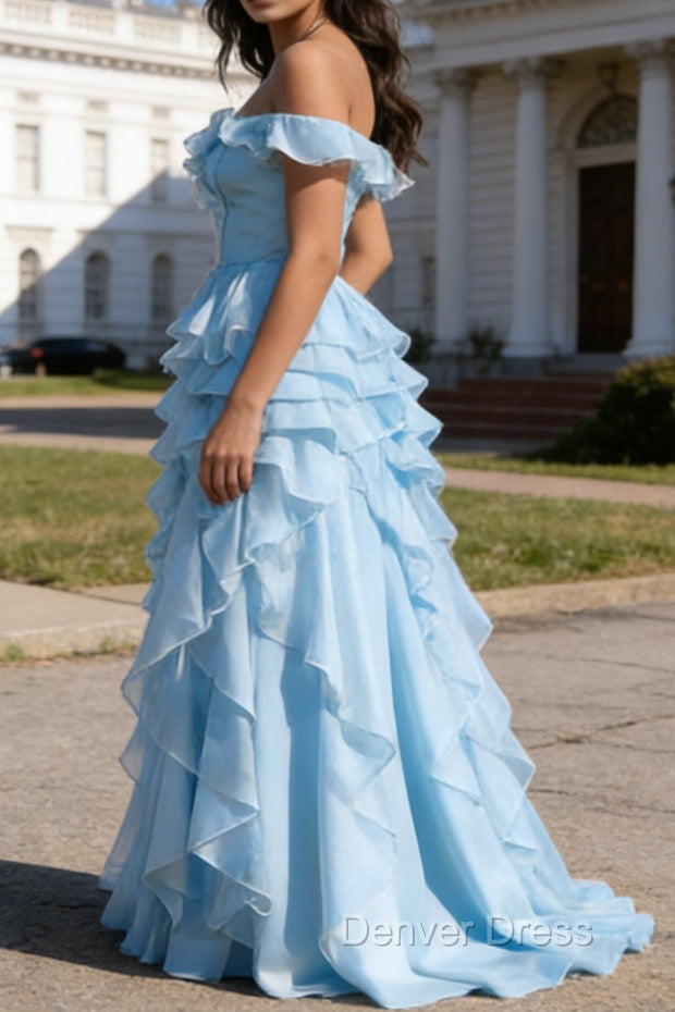Sky Blue Ruffled A-Line Square Neck Long Prom Dresses Secondary image