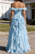 Sky Blue Ruffled A-Line Square Neck Long Prom Dresses