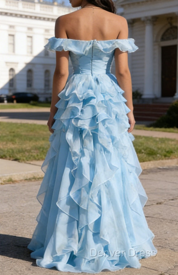 Sky Blue Ruffled A-Line Square Neck Long Prom Dresses