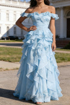 Sky Blue Ruffled A-Line Square Neck Long Prom Dresses