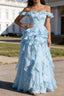 Sky Blue Ruffled A-Line Square Neck Long Prom Dresses