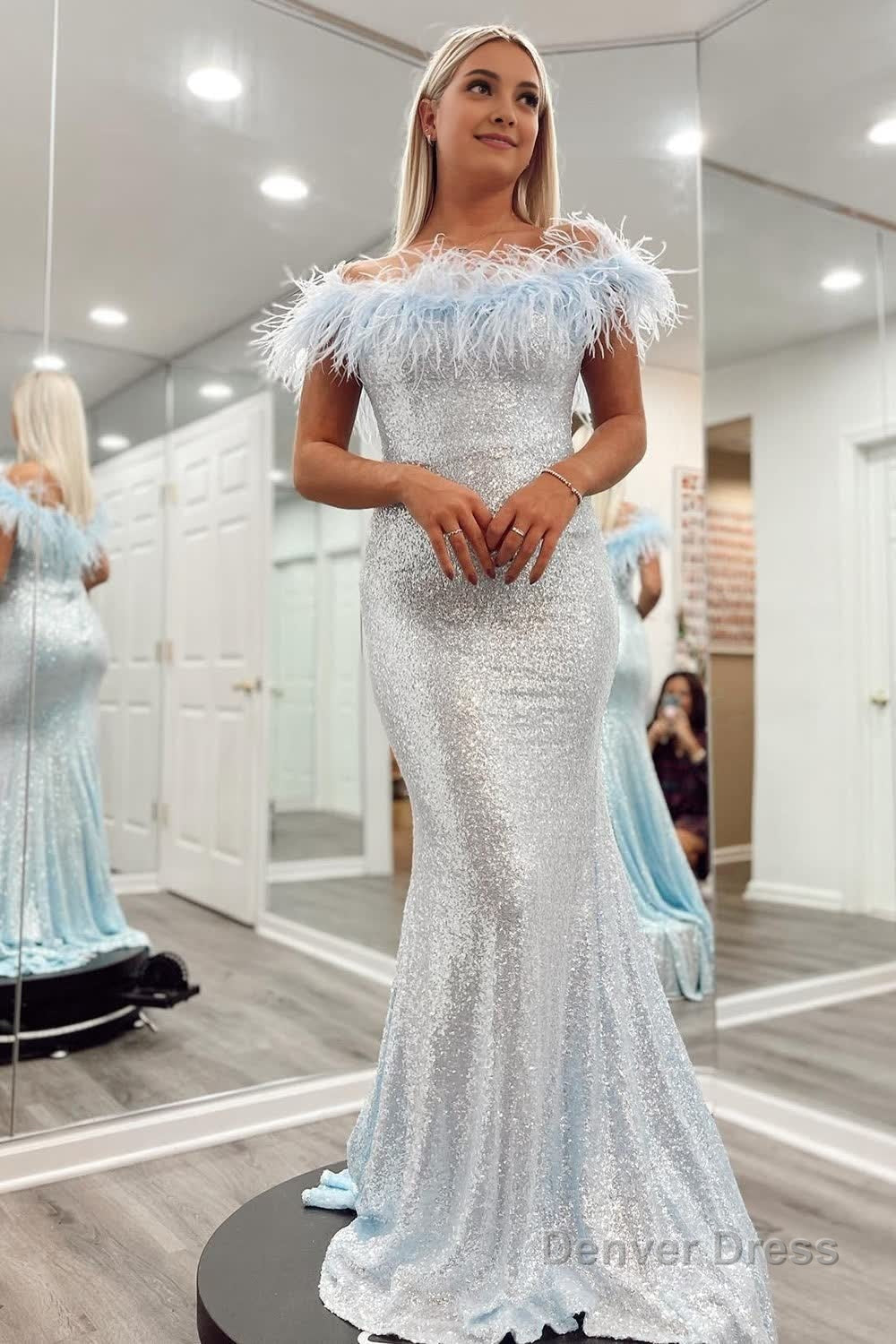 Sky Blue Sequin Mermaid Prom Dresses with Feather Main image