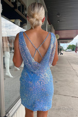 sky blue sequins sheath homecoming dress with split front