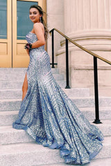 sky blue sequins strapless long prom dress