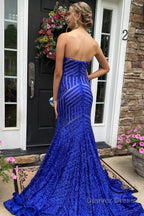 Sky Blue Sequins Strapless Long Prom Dresses