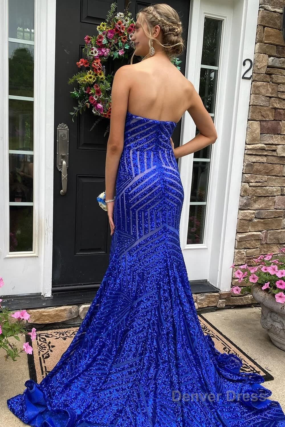 Sky Blue Sequins Strapless Long Prom Dresses