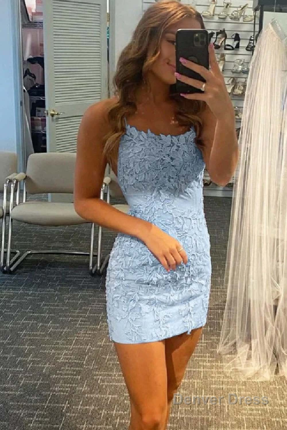 Sky Blue Short Tight Homecoming Dresses with Lace Beading