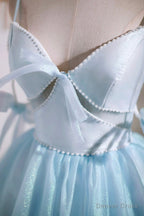 Sky Blue Spaghetti Straps Prom Dress, Cute A Line Tulle Homecoming Dresses