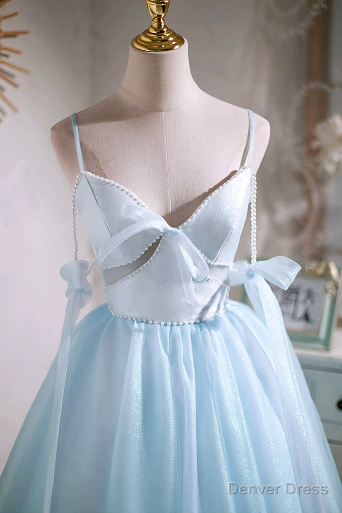Sky Blue Spaghetti Straps Prom Dress, Cute A Line Tulle Homecoming Dresses