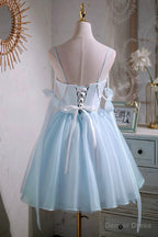 Sky Blue Spaghetti Straps Prom Dress, Cute A Line Tulle Homecoming Dresses