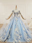 Sky Blue Tulle High Neck Backless Appliques Beading Wedding Dress