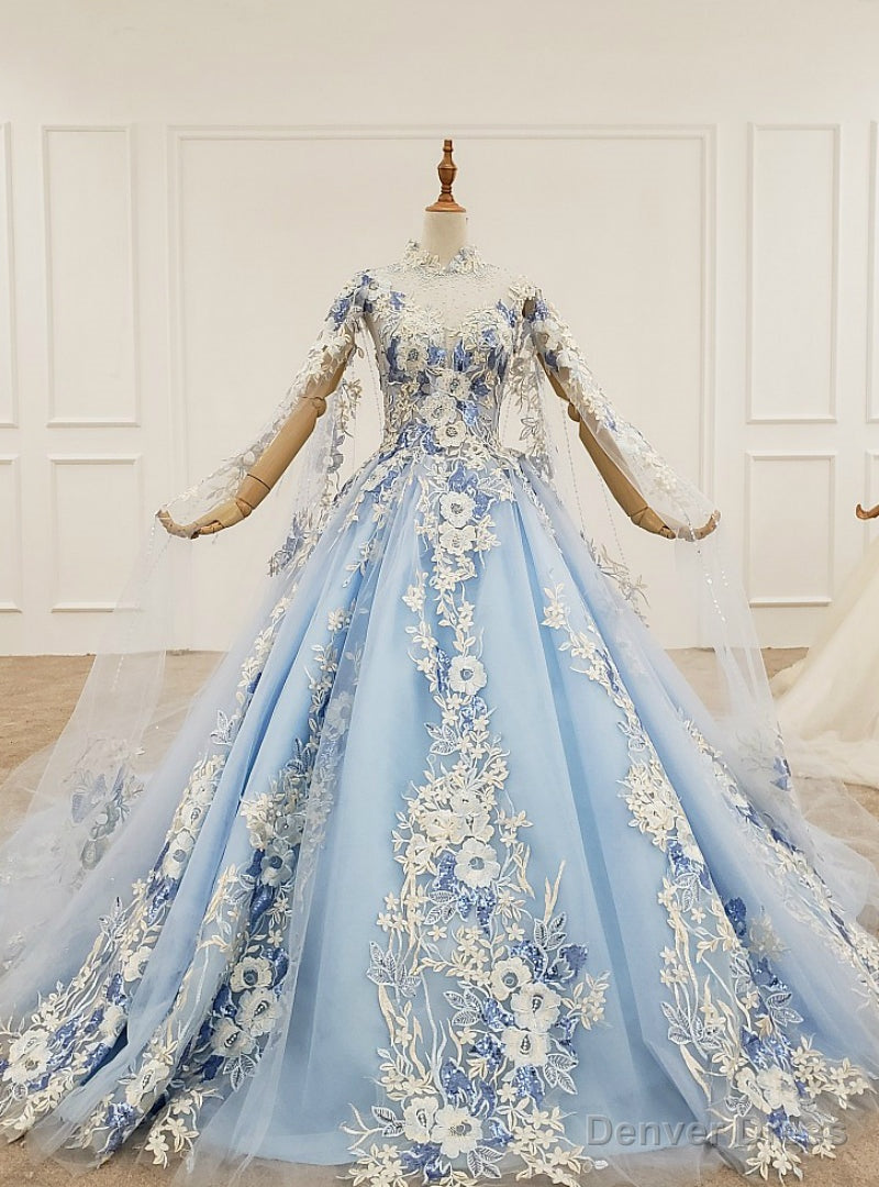 Sky Blue Tulle High Neck Backless Appliques Beading Wedding Dresses