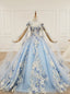 Sky Blue Tulle High Neck Backless Appliques Beading Wedding Dresses