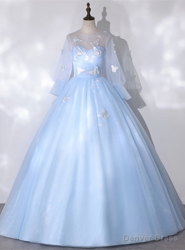 Sky Blue Tulle Long Sleeve Butterfly Quinceanera Dresses