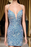 Cute Bodycon V Neck Blue Lace Homecoming Dresses