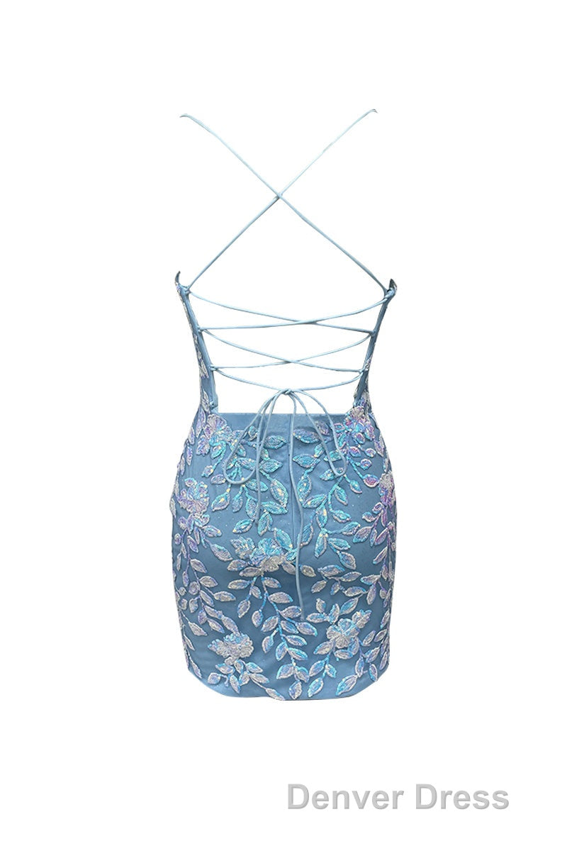 Cute Bodycon V Neck Blue Lace Homecoming Dresses