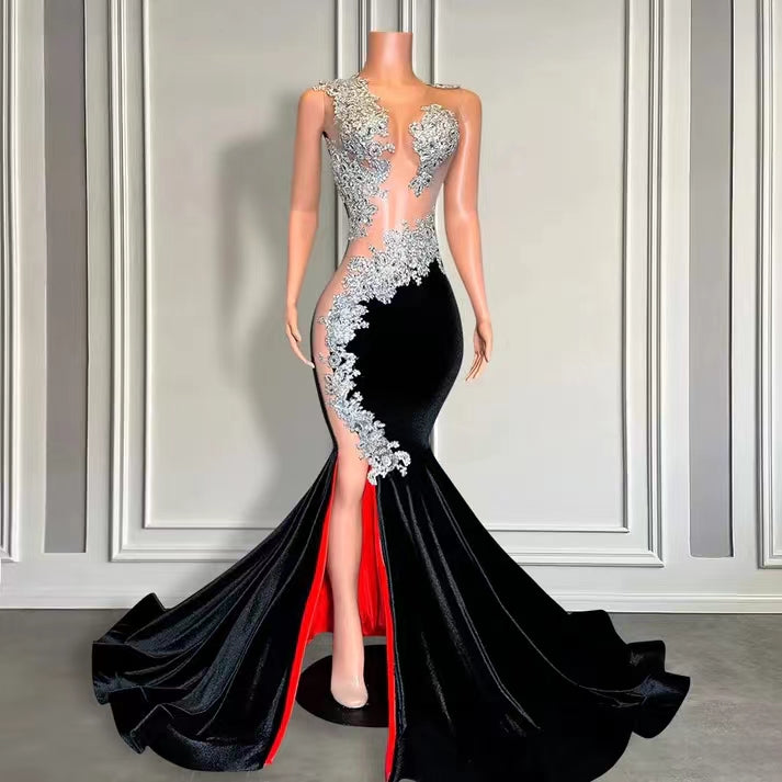 Sleeveless Long Black Velvet Mermaid Prom Dress With Appliques And Beads Secondary image
