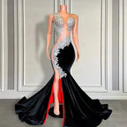 Sleeveless Long Black Velvet Mermaid Prom Dress With Appliques And Beads