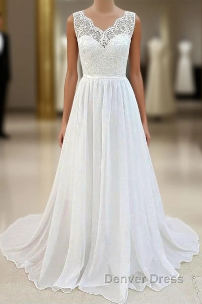 Sleeveless Long Chiffon Wedding Dresses With Lace