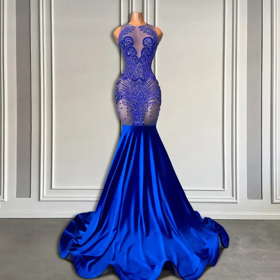 Sleeveless Royal Blue Scoop Neck Mermaid Prom Dress With Beadings