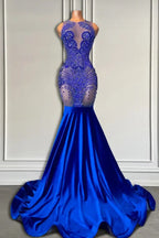 Sleeveless Royal Blue Scoop Neck Mermaid Prom Dress With Beadings