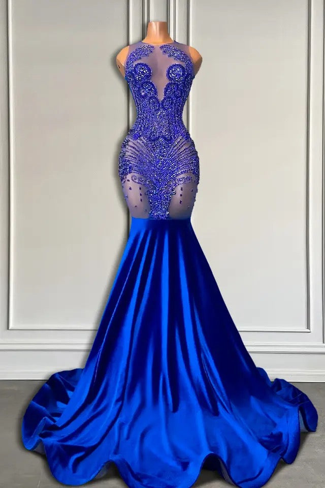 Sleeveless Royal Blue Scoop Neck Mermaid Prom Dress With Beadings