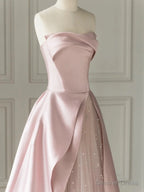 Sleeveless Satin A-Line Floor-Length Evening Gown Slit with Tulle Strapless Prom Dress