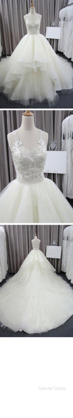 Sleeveless Scoop Yarn Neck Lace Ivory Tulle Asymmetrical Ball Gowns Cathedral Train Wedding Dresses,