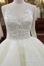 Sleeveless Scoop Yarn Neck  Lace Ivory Tulle Asymmetrical Ball Gown Cathedral Train Wedding Dresses,