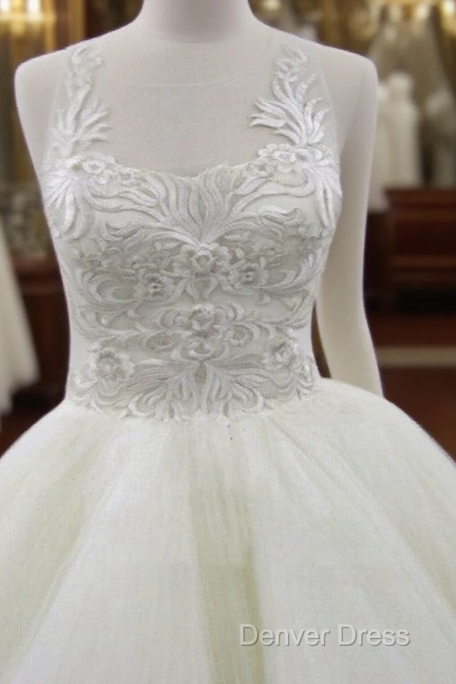 Sleeveless Scoop Yarn Neck Lace Ivory Tulle Asymmetrical Ball Gowns Cathedral Train Wedding Dresses, Main image