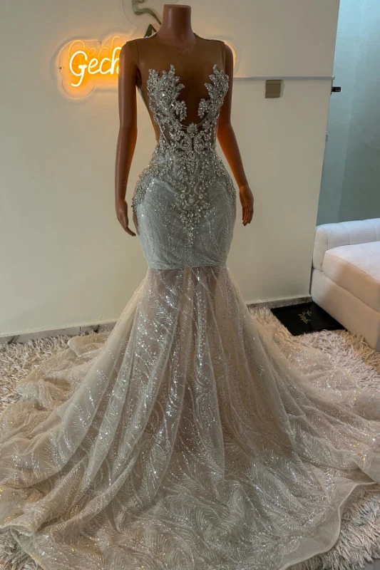 Sleeveless Silver Sparkle Appliques V-Neck Mermaid Court Train Prom Dresses Main image