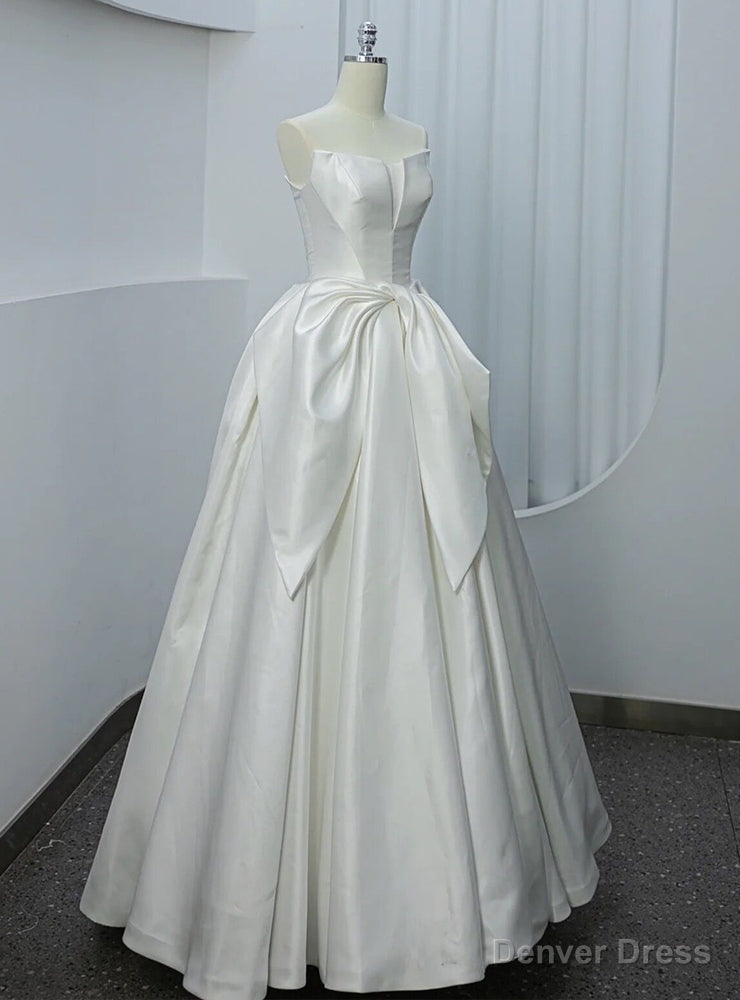 Sleeveless White Satin Strapless Wedding Dresses