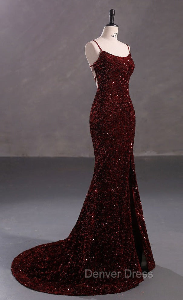 Slim Burgundy Shimmery Open Back Formal Prom Evening Dresses Secondary image