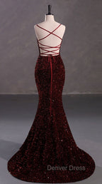 Slim Burgundy Shimmery Open Back Formal Prom Evening Dresses