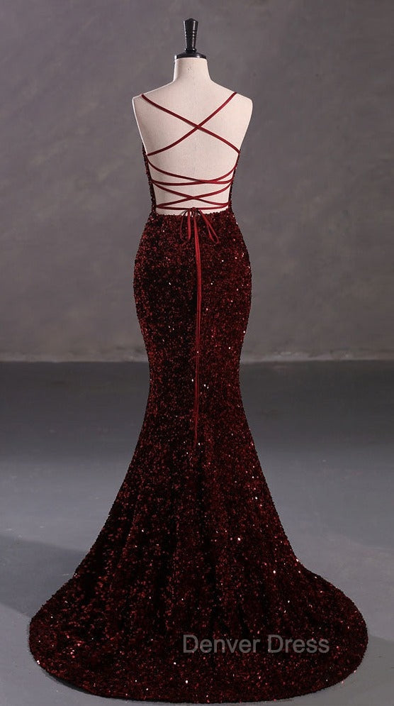 Slim Burgundy Shimmery Open Back Formal Prom Evening Dresses