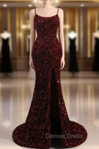 Slim Burgundy Shimmery Open Back Prom Dresses